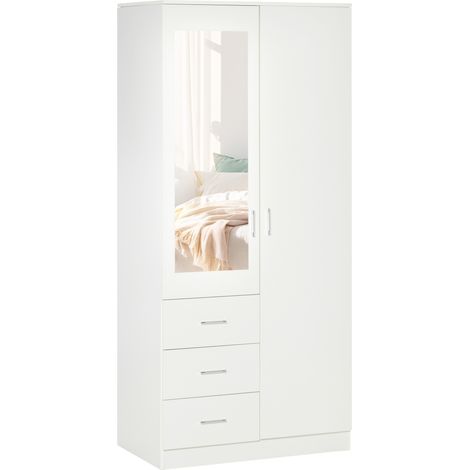 Armario con espejo de 2 puertas y 3 cajones con barra para colgar ropa, moderno armario de almacenamiento de ropa con espejo, cajones y estantes ajustables para dormitorio, 80 x 50 x 180 cm, blanco
