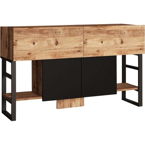 Cotecosy – Buffet industriel en bois naturel et métal noir – Dimensions L 140 x P 43.3 x H 83.6 cm – 2 placards et 2 tiroirs – Fabrication européenne (1/5)