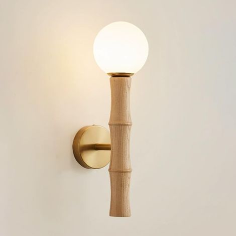 Applique murale en forme de bambou en bois, applique murale en rondins avec abat-jour en boule de verre blanc, applique murale d’éclairage décoratif de chevet, douille G9, appliques murales design de (1/5)