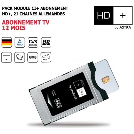 Pack Module CI+ avec carte d'accès abonnement Tv 12 mois, bouquet Allemand HD+, 21 Chaînes, Haute Définition