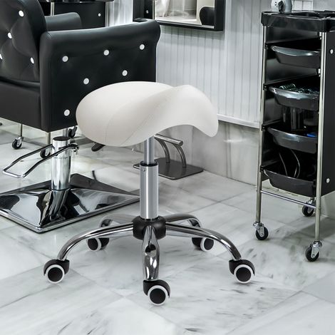 Sgabello con ruote, sgabello girevole con altezza regolabile, sgabello cosmetico, dentista, parrucchiere, 52x53x49-61 cm, bianco (1/5)