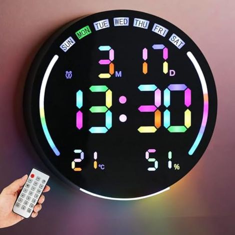 Horloge Murale Numérique LED Ronde 26CM Horloge Numérique Digitale avec Télécommande, Température, Humidité, Date, Alarmes, 12/24H, Luminosité Réglable pour Chambre et Salon (1/5)