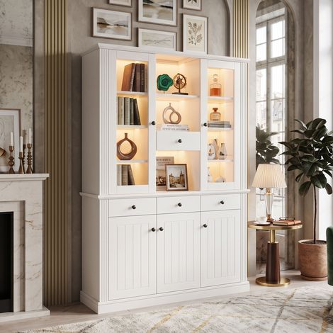 Creahappy Vitrine Vaisselier LED 120x40x180 cm - Grand Espace de Rangement 21 Compartiments 4 Tiroirs 5 Portes - Blanc (1/5)