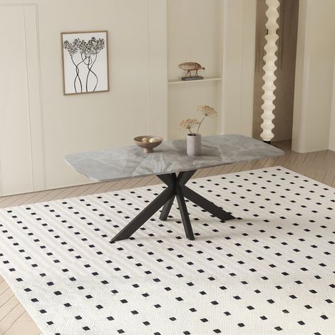 Mobilier Deco – Table à manger ovale en pierre brillant gris – Pieds en métal noir – Surface élégante et facile à entretenir – Pour repas en famille ou entre amis (1/5)
