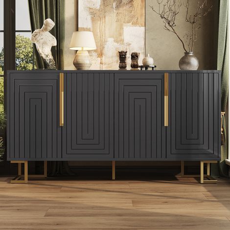 Sideboard (152x40x75 cm), geometrische Front, 2 Türen, 4 Fächer, Metallfüße, MDF, schwarz (1/5)