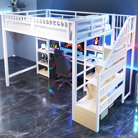 Lit mezzanine 140 x 200 cm avec bureau, rangements, LED et ports USB, métal et bois, blanc DESVIAE (1/5)