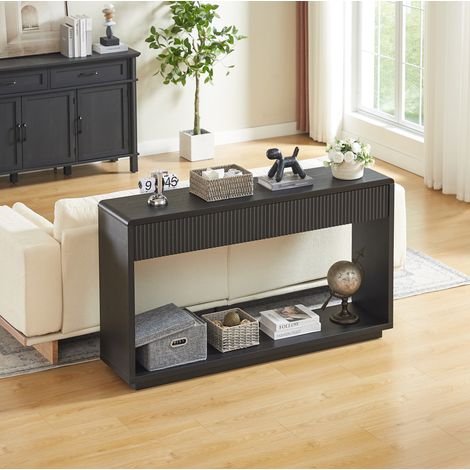 Table console d'entrée moderne avec 2 tiroirs et étagère ouverte 150 x 35 x 85 cm noir OKWISH (1/5)