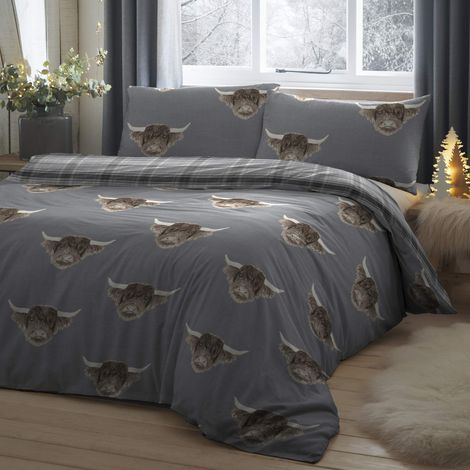 Housse de Couette 260 x 220 cm 2 taies d'oreiller Réversible Parure de lit Tartan Gris Housse de Couette en Flanelle Literie Vache de Ferme en Gris (1/5)