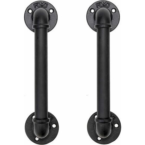 Set of 2 Industrial Pipe Door Pull Handles, Grab Bar, Barn Door Handles, Antique Rustic Cast Iron for Handrail, Black, 30 cm Long (S(25D,27L), Black) (1/4)