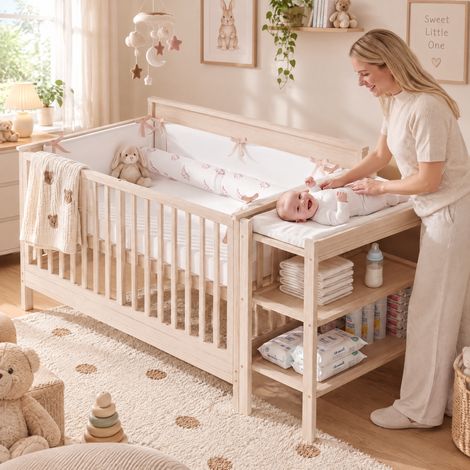 JOOKGBD-Lettino Evolutivo 4 in 1 in Legno di Pino Naturale 140x70cm, Fasciatoio Rimovibile con Scaffali, Barriera Amovibile, Altezza Regolabile a 3 Livelli, per Neonato e Bambino Piccolo (1/5)