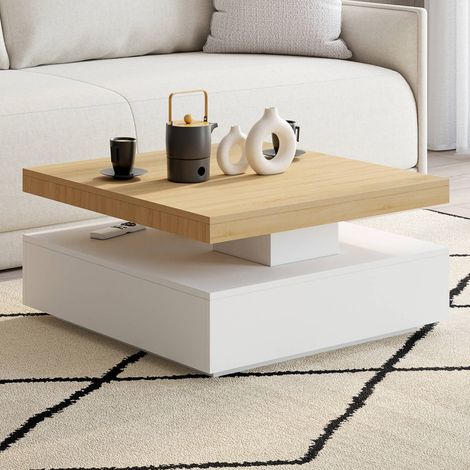 Mesa de centro cuadrada giratoria THEA 70 cm madera y blanco (1/5)