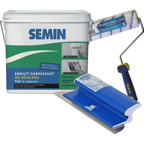 Pack Semin rénovation des toiles de verre composé d'un enduit garnissant, d'un rouleau et d'une lame à lisser permettant de rénover facilement une ancienne toile de verre pour obtenir un mur lisse