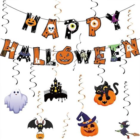 Zucche di Halloween, pipistrelli, ghirlanda, decorazioni di Buon Halloween (1/3)