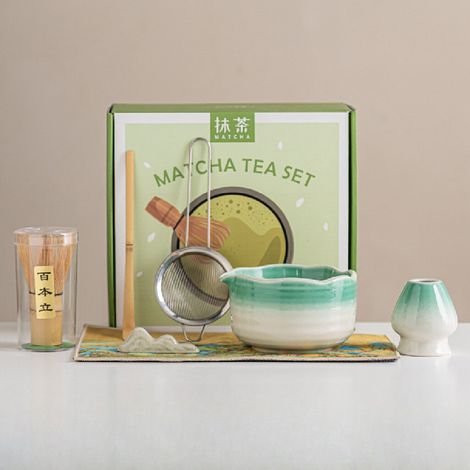 Service à matcha, 7 pièces, cyan – céramique cuite au four – cérémonie japonaise