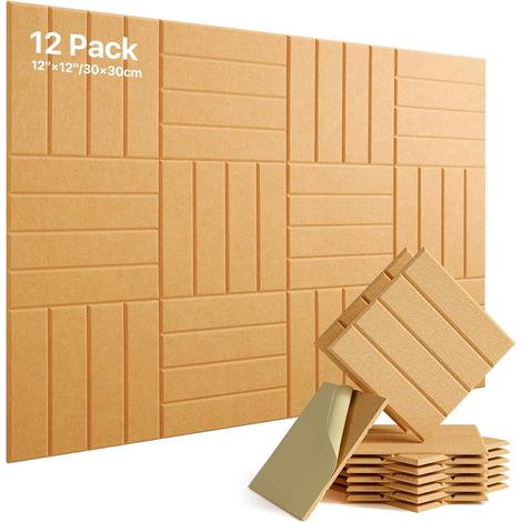 Panneaux Acoustiques Autocollant Jaune Lot de 12 Pièces en Polyester, Isolation Acoustique, Absorbeur Acoustique, pour Traitement Acoustique et Décoration Murale 30×30×0,9cm (1/5)