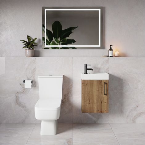 Napoli Cube Tobacco Oak 400mm Single Door Wall Mounted Vanity Unit and Toilet Suite with Align Basin - 400mm - Matt Black 160mm Handle