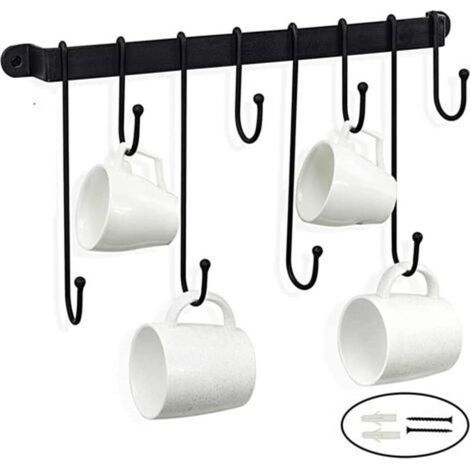 Support mural pour casseroles de 40 cm avec 8 crochets, étagère porte-ustensiles de cuisine avec adhésif puissant, pour casseroles, poêles, couvercles et ustensiles de cuisine, noir