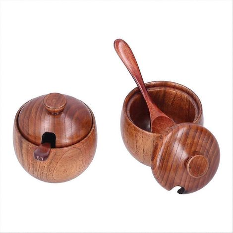 Set aus 2 Salzschalen, Salzbehältern und Gewürzgläsern aus Holz, dunkelbraunes Salz (1/5)