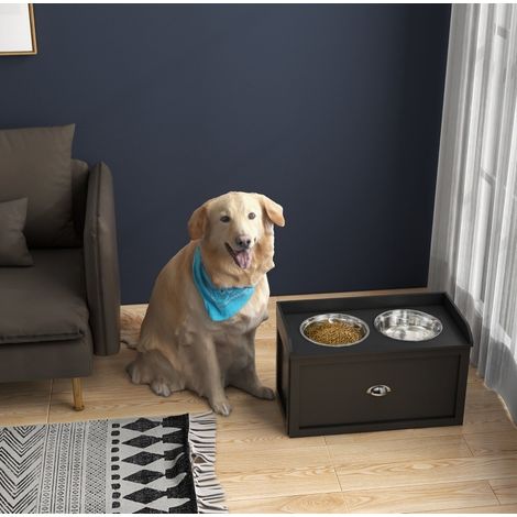 Mangiatoia rialzata per cani 60x30x36 cm, con cassetto portaoggetti, 2 ciotole da 2 L, acciaio inox, nera (1/5)
