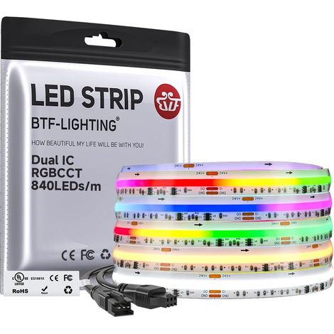 FCOB COB LED Strip RGBCCT Dual IC 5M 840LED/m 24V IP66 10mm 5M Addressable High Density Flexible RGB+CCT 3000K-6000K LED Strip for Bedroom, Kitchen, TV Backlight. Band Only. (1/5)