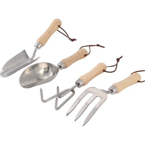 Kit de Jardinage Acier inoxydable 4 pièces, Comprenant Petite pelle, pelle seau, râteau à trois griffes, épingle à cheveux à main (1/5)