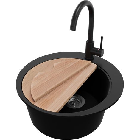PRIMAGRAN Evier cuisine Granit Rond 50x50cm, Evier 1 bac + Robinet 32x20cm + Kit de Vidage + Planche à Découper, Lavabo Cuisine au meuble 45cm - Pise, Noir (1/5)