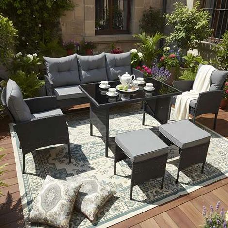 BIRCHTREE 7-Seater Rattan Furniture Set with Glass Top Table Armchairs and Stools Black