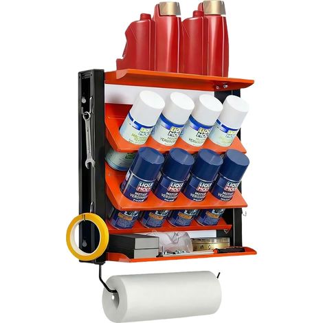 Pulvérisateurs 2 niveaux, étagère avec 2 tablettes et porte-serviettes, organiseur mural 8 compartiments,idéal pour garage,atelier,outils et remorque. (1/5)