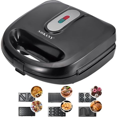 Appareil multifonction 6-en-1 750W (sandwich maker, gaufrier, contact grill, donut maker et plus) plaques antiadhésives, cuisson double face, contrôle automatique de la température (1/5)