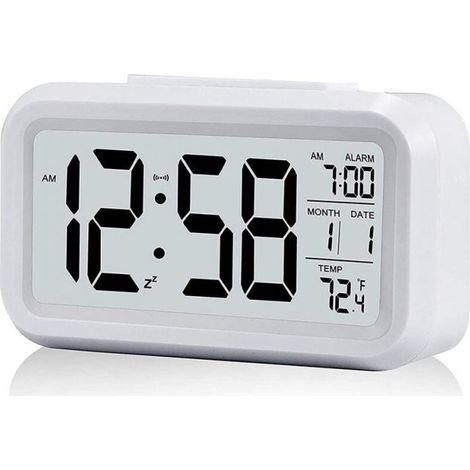 White Digital Alarm Clock with Large LCD Temperature Display, Silent Battery-Powered Alarm Clock with Snooze Function (1/5)
