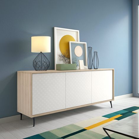 Dmora - Kommode Ddemm, Buffetschrank mit 3 Türen und 1 verstellbarem Einlegeboden, Elegantes Sideboard für das Wohnzimmer, Fernsehschrank, 100% Made in Italy, 184x45h77 cm, Weiß und Eiche (1/5)
