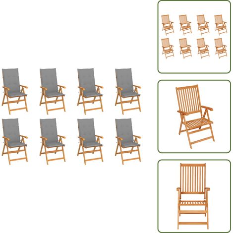 The Living Store Verstellbare Gartenstühle mit Auflagen 8 Stk. Massivholz Teak - Gartenmöbel (1/5)