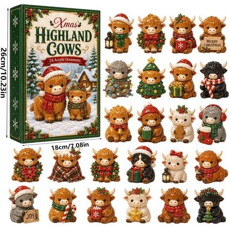 Calendrier de l'Avent 2026 Vache Highland écossaise - 24 adorables ornements de Noël en acrylique 2D - Compte à rebours de 24 jours pour décorer le sapin et cadeau original pour les amoureux des anima (1/5)