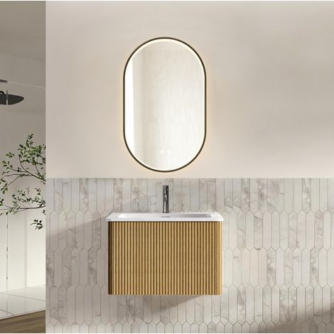 Mueble de lavabo suspendido 61 cm MDF roble con espejo LED antivaho - CHICFURN (1/5)