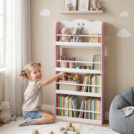 Bibliothèque murale pour enfants à 4 étagères, rose, idéale pour les chambres d'enfants, les salles de jeux et les salons. (1/5)