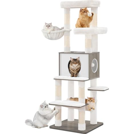 Grand Arbre à Chat 166 cm de Haut, avec 8 Poteaux à Griffer, Tapis Amovible et Lavable, 1 Niche, 2 Plateformes, 1 Panier pour Chat et des 2 Pompons, Lvoire Clair (1/5)