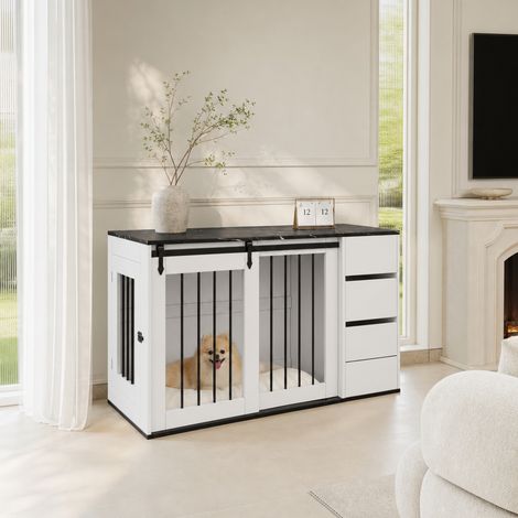 Cage pour chien 2-en-1, niche intérieure, cage pour chien en bois-métal au design de meuble, utilisable comme table d'appoint, pour petits à moyens chiens, 140 x 60 x 87 cm, blanc, plateau avec film e (1/5)