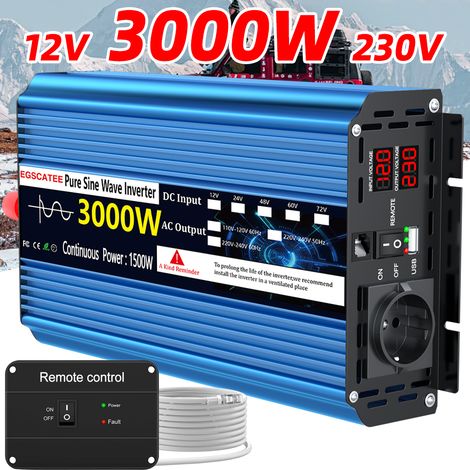 Reiner Sinus Wechselrichter 12V DC auf 220V AC, 1500W Dauerleistung, 3000W Spitzenleistung, Spannungswandler für Wohnmobile, Boote, Fahrzeuge (1/5)