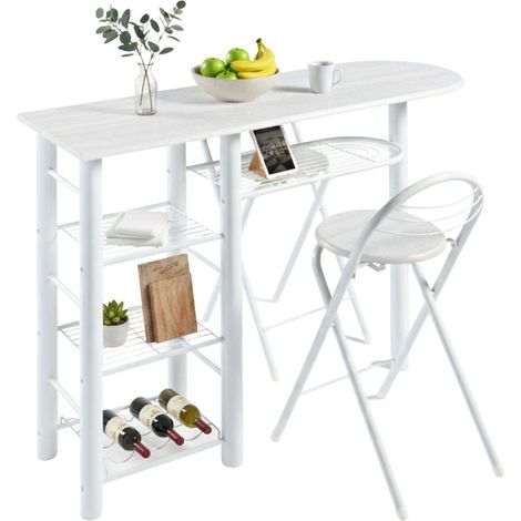 Table de cuisine haute de bureau en noir/chêne, chêne/blanc et blanc/argent clair avec 2 tabourets pliants 40 x 88 x 120 cm (1/5)