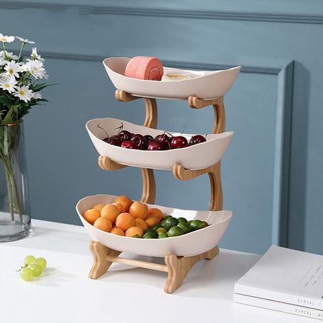 Corbeille à fruits 3 étages,Porte-Fruits Céramique 3 Etages avec Support en Bambou Naturel pour Fruits,Gâteaux, Bonbons 3515cm (beige) (1/5)