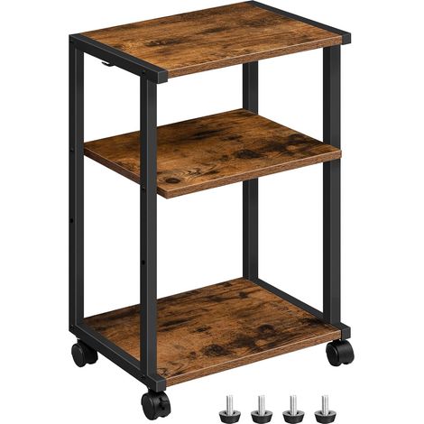 Support d'Imprimante, Étagère de Rangement à 3 Niveaux avec roulettes, avec 3 Planches, 2 Crochets, 42 x 28 x 64 cm, Style Industriel, pour Bureau, Chambre, Cuisine, Marron Rustique (1/5)