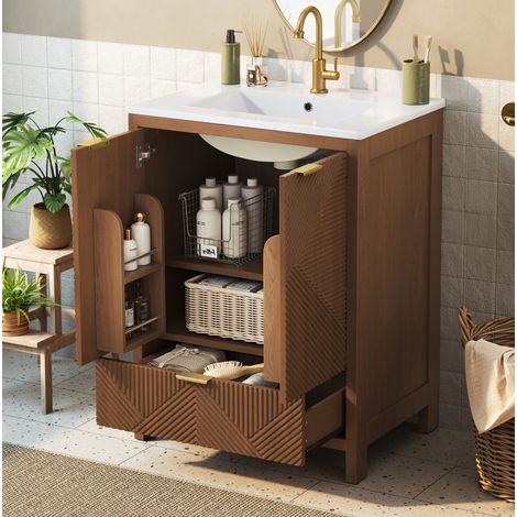 Meuble de salle de bain avec lavabo en céramique 61 cm, 2 portes et tiroir, noyer, OKMYHOME (1/5)