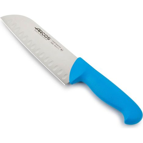 Coltello Santoku Arcos 2900- Prof 290623 con alveoli in acciaio inox Nitrum e mango ergonomico blu Polipropilene e lama 18 cm, coperchio display (1/5)
