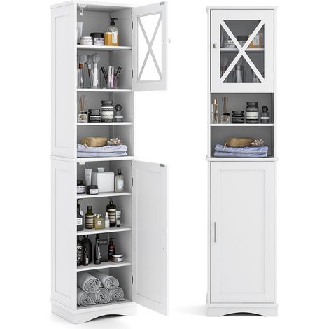 COSTWAY Mobile Bagno 40 x 30 x 170,5cm, Armadietto a Colonna Stretto e Alto con 5 Ripiani Regolabili e 2 Porte, Armadio da Terra in Legno per Soggiorno, Camera da Letto, Salotto e Cucina (Bianco) (1/5)
