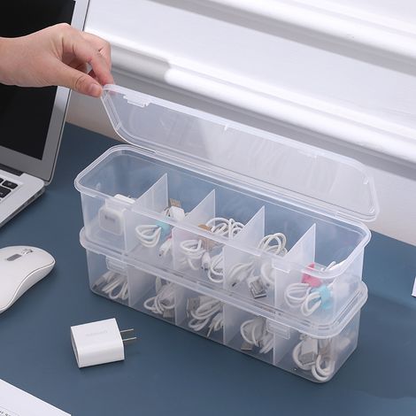 Organisateur de câbles transparent avec couvercle, boîte de rangement de papeterie, boîte de rangement de câbles de chargeur électronique empilable avec 5 séparateurs, 2 pièces (1/5)