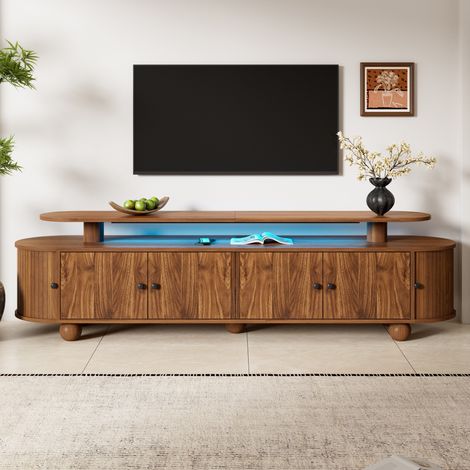 Meuble TV 180 cm en Bois Marron avec LED et Pieds Sphériques - 4 Portes Fixes et 2 Portes Coulissantes - Design Arrondi Chic