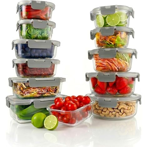 Ensemble de 12 Bocaux en Verre avec Couvercles Hermétiques – Récipients Empilables pour Meal Prep – Boîtes de Rangement Alimentaire en Verre avec Couvercle (1/5)