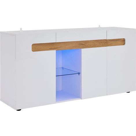 ELVMI Sideboard mit 3 Türen, 1 halboffenem Fach und LED für Wohnzimmer aus Spanplatte 140 × 40 × 70 cm Weiß (1/5)