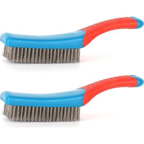 Lot de 2 brosses métalliques en acier inoxydable avec poignée en caoutchouc pour nettoyer la rouille, les scories de soudure, les forets de grille de barbecue en bois (1/5)
