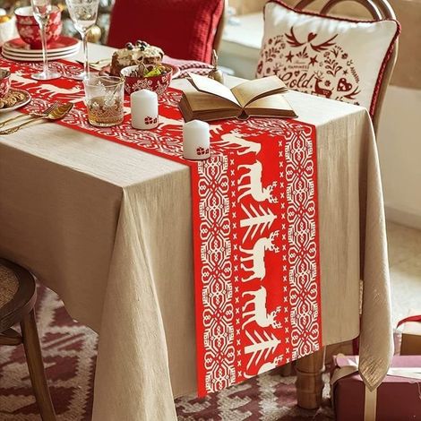 Chemin de Table - Noël - Rouge - 28 x 270 cm - Tissu en mélange de lin - Décoration festive (1/4)